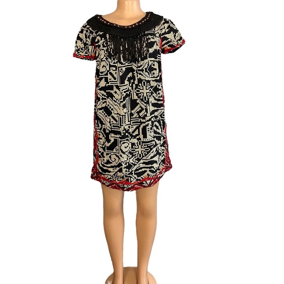 3/$30 🍂 Anthropologie Floreat Abelia Tribal Print Dress Black Multicolored - Picture 1 of 10